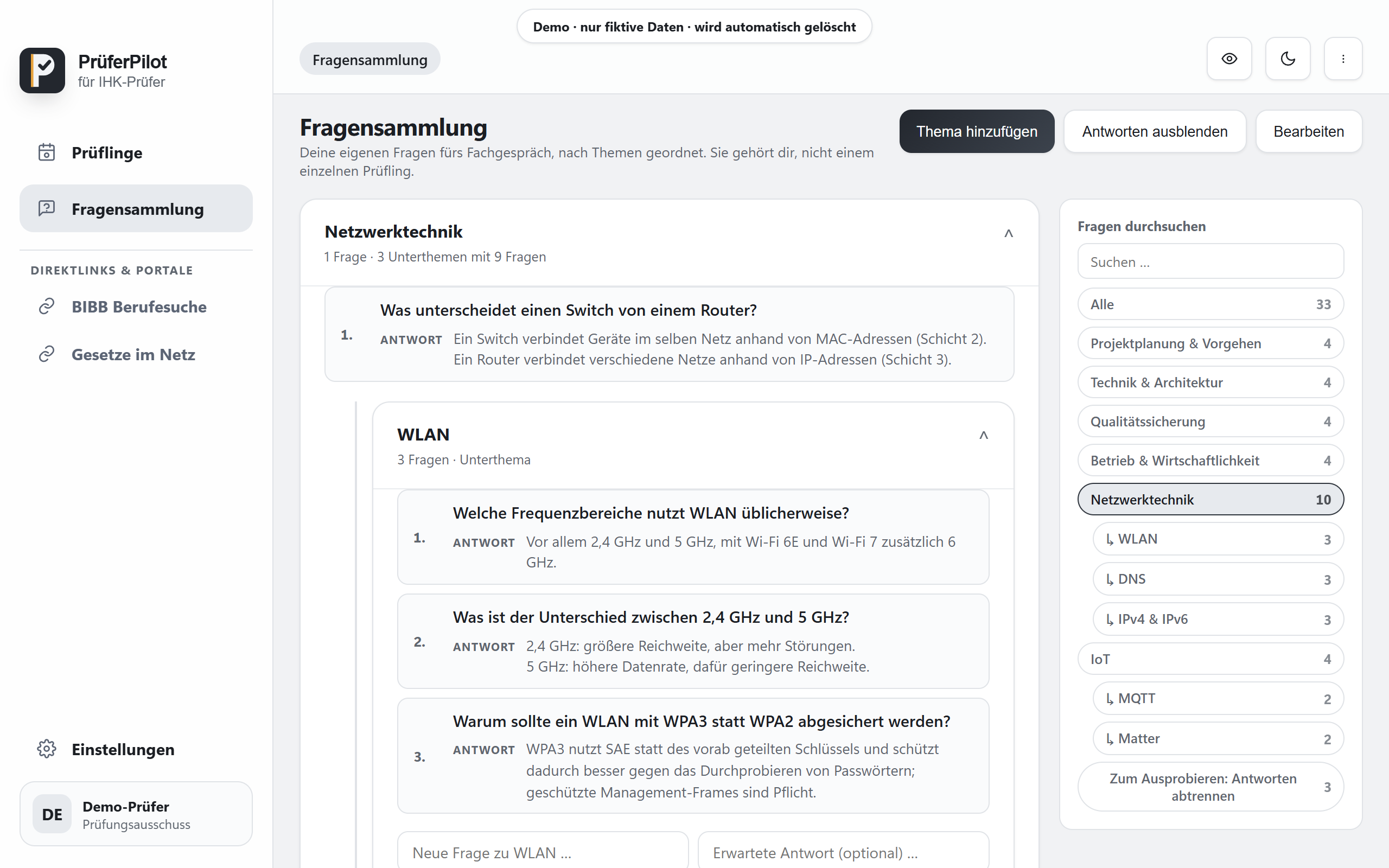 Fragensammlung mit Haupt- und Unterthemen, erwarteten Antworten und Themenfilter