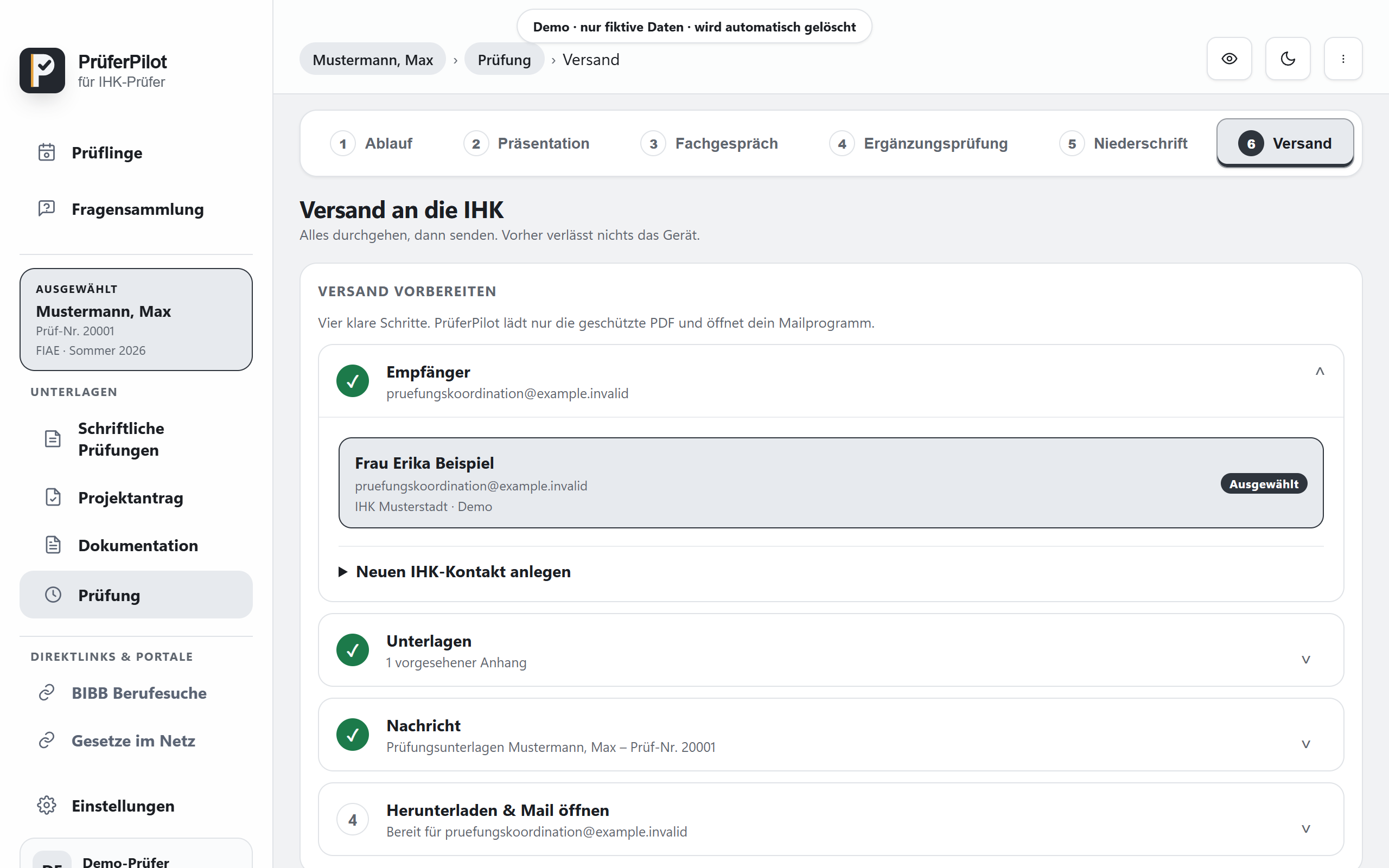 Versandschritt mit ausgewähltem IHK-Kontakt, Unterlagen, Nachricht und Mailentwurf